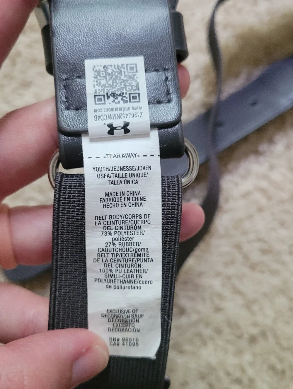 Under Armour Youth Baseball Belt Gray Adjustable OSFA